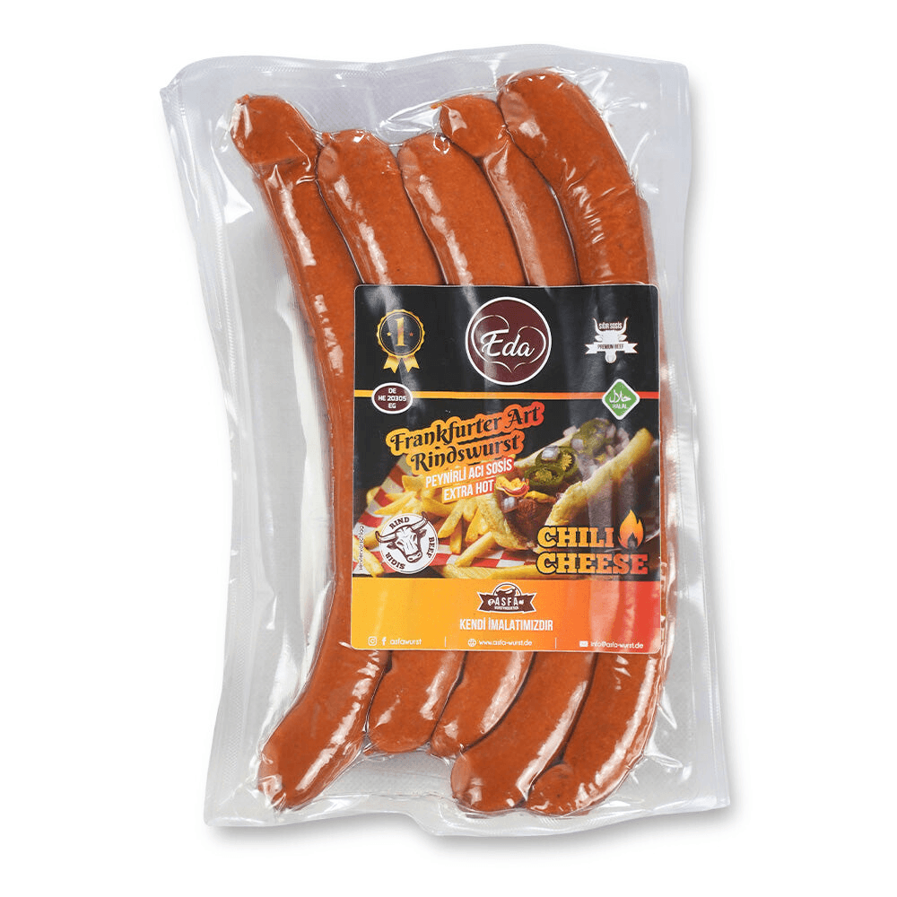 Halal Chili-Cheese Sausage: Spicy beef sausage with jalapeño