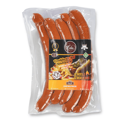 Halal Chili-Cheese Sausage: Spicy beef sausage with jalapeño
