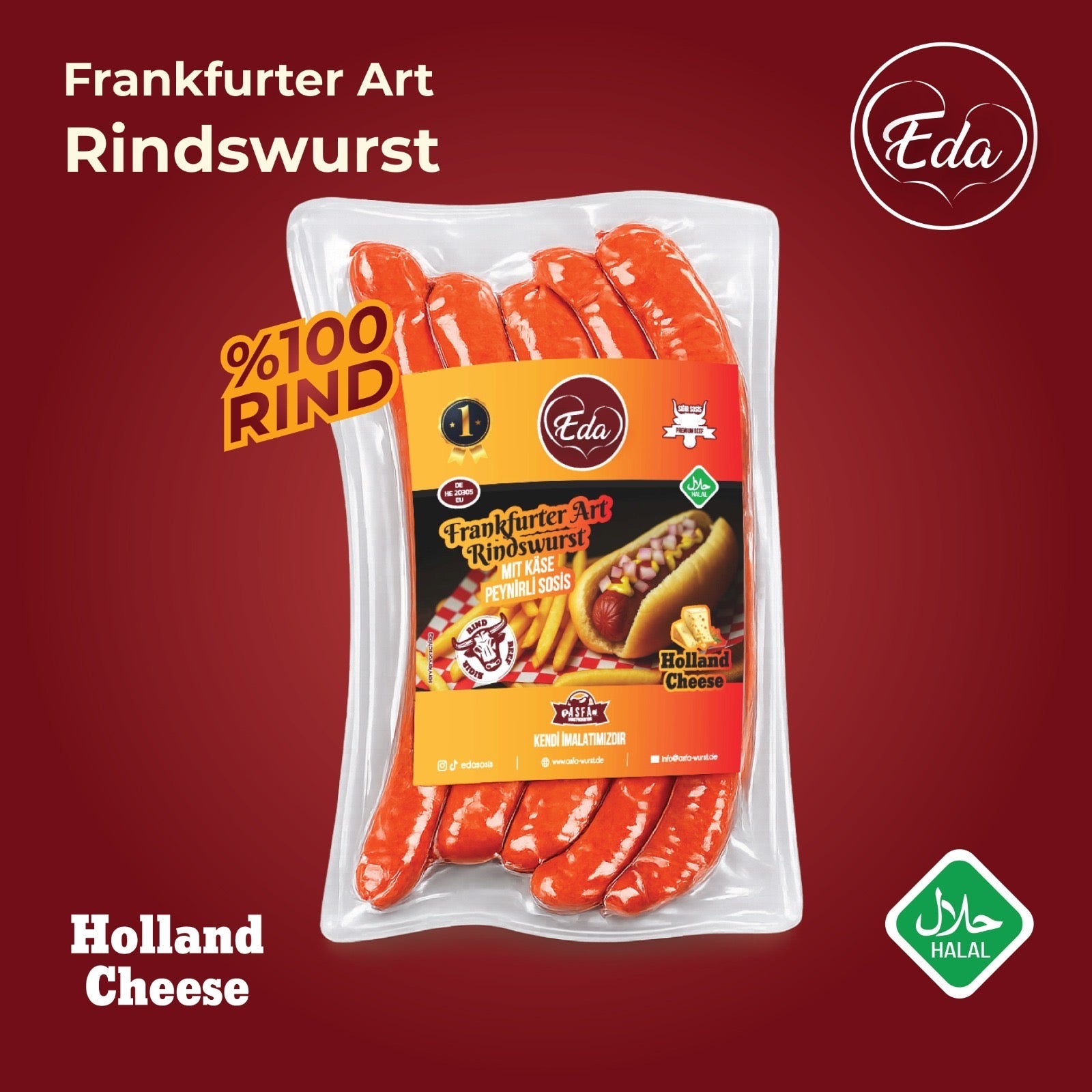 Halal cheese sausage, beef sausage with Holland cheese
